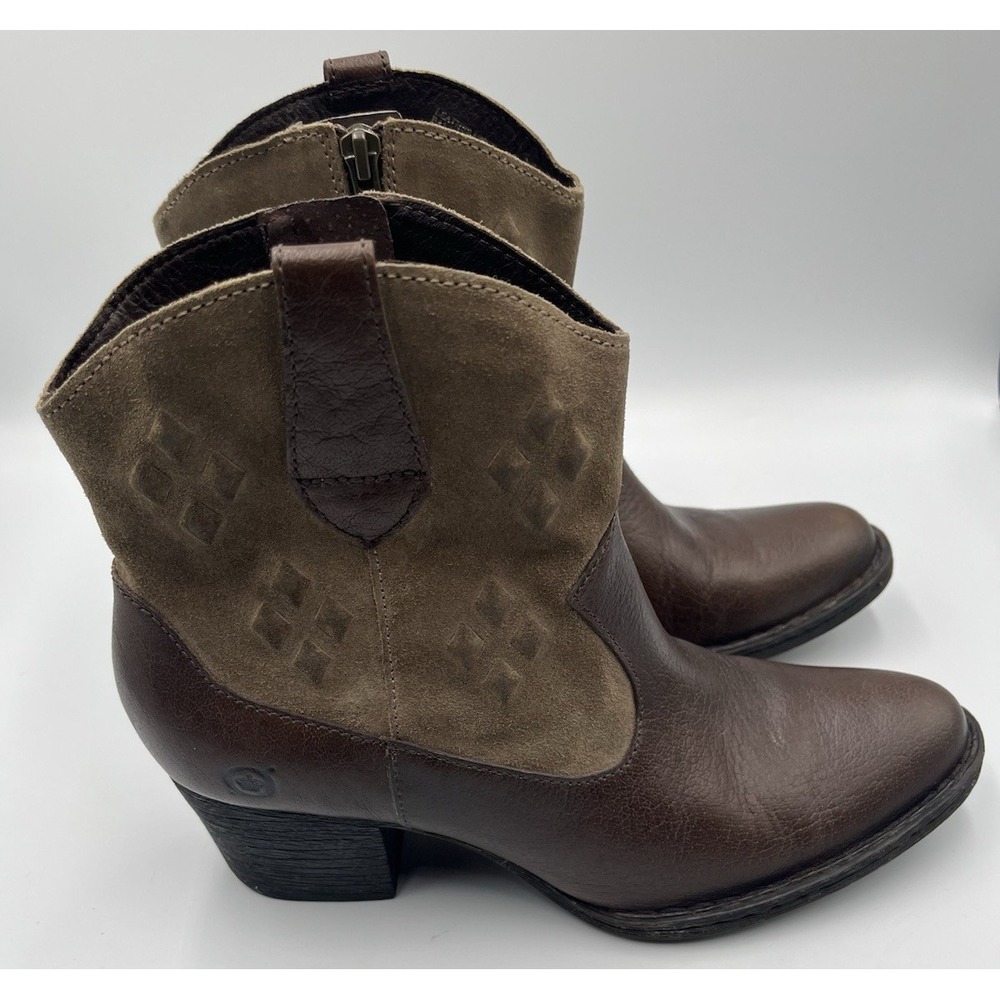 Born Capri Ankle Boots 9 Brown Leather Suede Western Block Heel Booties